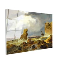 Tamperli Gerçek Cam Tablo C.D. Friedrich Batık Gemi Fırtınalı Deniz Kayalık Ressam Tablosu Dekoru
