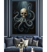 Ahtapot Kolları Arasında İnsan Kurukafası Dekoratif Kanvas - Mdf Ahşap Tablo