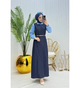 kadın kemerli denim jile gömlek tesettür takım NMS073