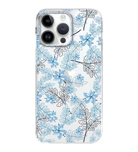 Apple iPhone 14 Pro Max Uyumlu Kapak Floral Mavi Tasarımlı Şeffaf Silikon Kılıf