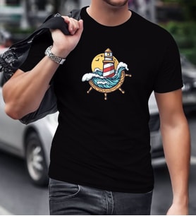 BK Gift Deniz Feneri Tasarımlı Siyah T-Shirt-1