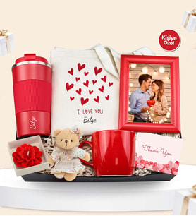 Kişiye Özel Kırmızı 500ml Çelik Termos & Kırmızı Çerçeve & Ham Bez Çanta & Kırmızı Kupa & Ayıcık & Lotus Mum Hediye Seti