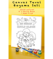 23 Nisan Temalı Baskılı Çocuk Tuval Boyama Seti (20x20 cm) - 6'lı Akrilik Boya ve Fırça Dahil