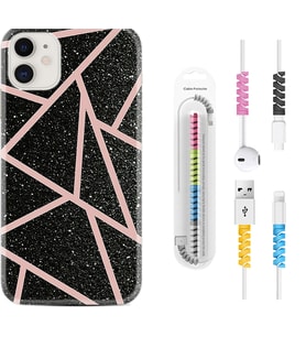 Apple iPhone 11 12 13 Mini Kılıf Kablo Koruma Spiral Silikon Pembe Şeritli Mermer 1312