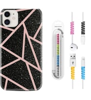 Apple iPhone 11 12 13 Mini Kılıf Kablo Koruma Spiral Silikon Pembe Şeritli Mermer 1312