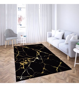 Mermer Desenli Gold Şeritli Dijital Baskı Yıkanabilir Kaymaz Taban Modern Salon Halısı ve Yolluk (Siyah)