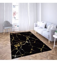 Mermer Desenli Gold Şeritli Dijital Baskı Yıkanabilir Kaymaz Taban Modern Salon Halısı ve Yolluk (Siyah)