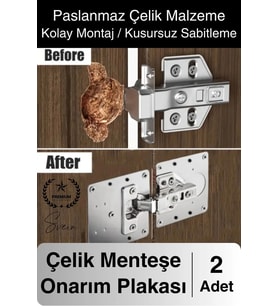 Paslanmaz Çelik Menteşe Onarım Plakası Hasarlı Mutfak Dolabı Kapı Tamir Sacı Yaprak Çanak Onarım