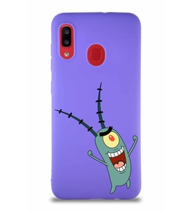 Samsung Galaxy A20 Soft Premier Kapak Plankton Tasarımlı Silikon Kılıf - Mor (Şeffaf)