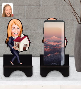 BK Gift Kişiye Özel Kadın Emlakçı Karikatürlü Ahşap Biblo Telefon Standı-1