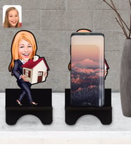BK Gift Kişiye Özel Kadın Emlakçı Karikatürlü Ahşap Biblo Telefon Standı-1