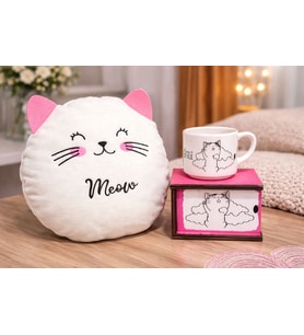 Poncik Kedi Polar Yastık & Kedi Kupa Arkadaşa Hediye