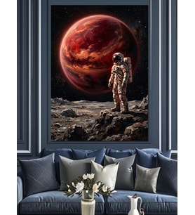 Ay Yüzeyinde Duran Yalnız Astronot Dekoratif Kanvas - Mdf Ahşap Tablo