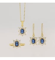 925 Ayar Gümüş Baget Safir Taşlı Gold Anturaj Gümüş Set