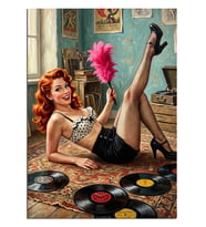 Yerde Plaklarla Yatan Kızıl Saçlı Pin-up Dekoratif Kanvas - Mdf Ahşap Tablo