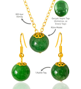 Sertifikalı Gold Küre Model Yeşim Taşı Kolye ve Küpe Seti - Gümüş Aparatlı (Çok Renkli)