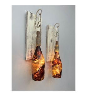 Led Işıklı Ahşap Kahverengi Vitray Cam Salon Bar Bahçe Dekoru Şampanya Şişesi Aplik 2 Li Set (Çok Renkli)