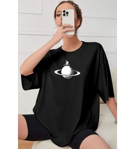 Unisex Astronaut Rides Baskılı T-shirt (Siyah)