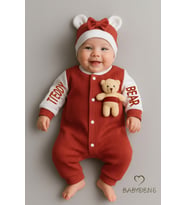 BABYDEN'S Teddy Bear Temalı Yenidoğan Fitilli Tulum Takımı Ayıcıklı Kız Bebek Tulum Şapka Set %100 Pamuk (Bordo)