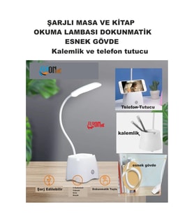 Şarj Edilebilir Dokunmatik Masa Lambası  Kitap Okuma Işığı Led Kalemlik Telefon Tutucu Kademe Ayarlı (Beyaz)