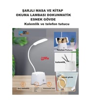 Şarj Edilebilir Dokunmatik Masa Lambası  Kitap Okuma Işığı Led Kalemlik Telefon Tutucu Kademe Ayarlı (Beyaz)