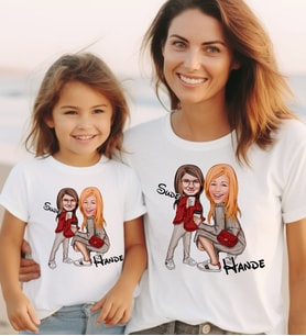 BK Gift Kişiye Özel 2’li Anne-Kız Karikatürlü Kombin Tişört Seti-4, Anneye Hediye, Anneler Günü Hediyeleri (Beyaz)