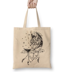 Boho Cat in Moon Bez Çanta Uzun Saplı