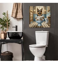 Tekli Kare Kanvas Banyo Tablosu Gazete Okuyan Alman Kurt Köpeği