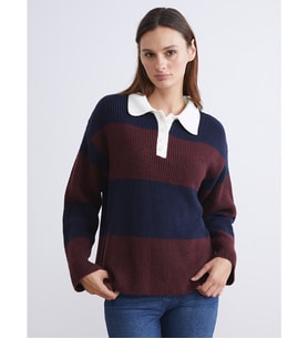 LCWAIKIKI Classic Bordo Polo Yaka Çizgili Kadın Triko Kazak