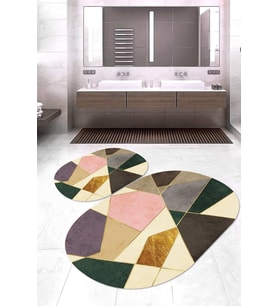 Dijital Baskılı Kaymaz Taban Yıkanabilir Oval 2'li Klozet Takımı Banyo Paspası NOKZ-SD-431 (Çok Renkli)