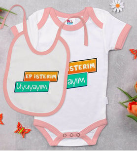 BK Kids Ep İsterim Tasarımlı Pembe Bebek Body Zıbın ve Mama Önlüğü Hediye Seti-3
