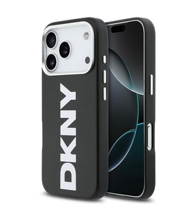 Apple iPhone 17 Pro Uyumlu Kılıf DKNY Orjinal Lisanslı M-safe Şarj Özellikli PU Büyük Dikey Logolu Kapak (Siyah)
