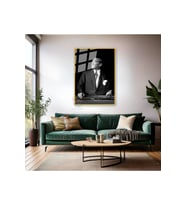 Siyah Beyaz Mustafa Kemal Atatürk Tablo Metal Çerçeveli Cam Tablo Dikey Tablo Salon Ofis Tablosu (Altın)