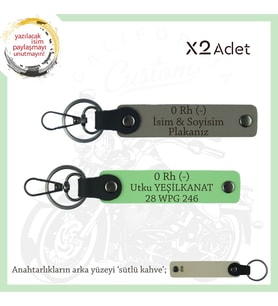 Motorcu Dostlara, İsim Plaka ve 0 - Kan Grubu Yazılı Güvenli Sürüş x2 Anahtarlık, Kül Gri-F Yeşil-SK (Çok Renkli)