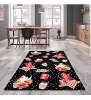 Gri Çaydanlık ve Çay Bardağı Yıkanabilir Kaymaz Taban Leke Tutmaz Modern Salon Halısı ve Yolluk (Siyah-Pembe)