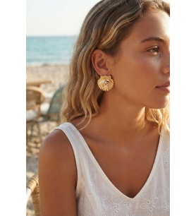 Gold Renk Deniz Kabuğu Deniz Yıldızı ve Pembe Taş Detaylı Küpe 5886 - SSSSSS6944-7212