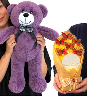 Büyük Boy Mor Peluş Ayıcık ve Led Işıklı Aynalı Kırmızı Kelebek Buketi Hediye Seti