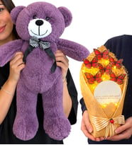 Büyük Boy Mor Peluş Ayıcık ve Led Işıklı Aynalı Kırmızı Kelebek Buketi Hediye Seti