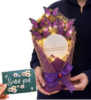 Led Işıklı Tasarım Aynalı Mor Kelebek Buketi Premium Tasarım