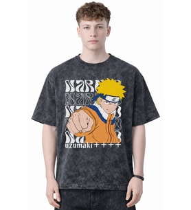 Tasarım Naruto Uzumaki Anime Baskılı Unisex Oversize Eskitme Yıkamalı Tişört