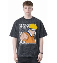 Tasarım Naruto Uzumaki Anime Baskılı Unisex Oversize Eskitme Yıkamalı Tişört