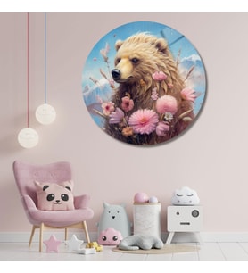 Yuvarlak Temperli Gerçek Cam Tablo Pembe Çiçekler ve Ayı