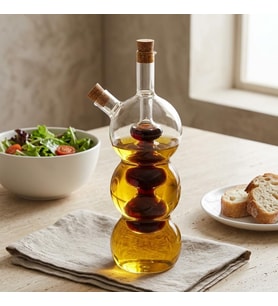 Borosilikat Cam Yağlık ve Sirkelik 320 ml, Çift Hazneli 2’si 1 Arada Şişe, Mantar Tıpalı Şeffaf Boğumlu Model, Yağ ve Sirkeyi Ayrı Saklama