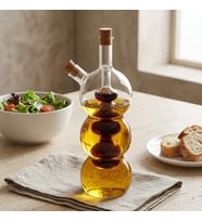 Borosilikat Cam Yağlık ve Sirkelik 320 ml, Çift Hazneli 2’si 1 Arada Şişe, Mantar Tıpalı Şeffaf Boğumlu Model, Yağ ve Sirkeyi Ayrı Saklama