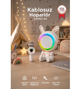Torima Bluetooth Hoparlör Rgb Işıklı Mikrofonlu Karaoke Tavşan Figürlü Speaker KIDMIC-05 Beyaz