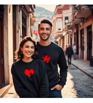 Sevgililer Günü Kombin Erkek Kadın Puzzle Görselli Bisiklet Yaka Sweatshirt 5010 (Siyah)