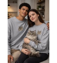 Maine Coon Kedi Desenli Çift Sweatshirt – Unisex Sevgili Kombini (Gri)