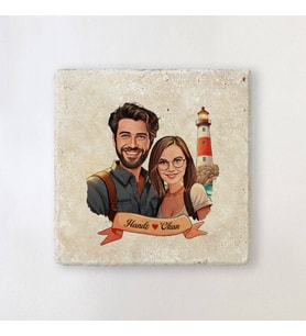 Sevgiliye Hediye Kişiye Özel Deniz Feneri ve Aşkımız Karikatürlü Taş Bardak Altlığı