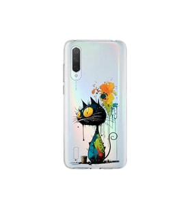Xiaomi Mi 9 Lite ile Uyumlu Splash Kedi Tasarımlı Şeffaf Silikon Kılıf