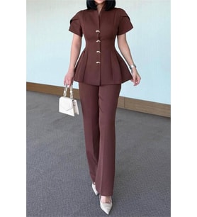 kadın kahverengi gold düğme detaylı peplum kesim premium takım NBSTR4423